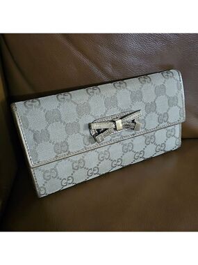 Gucci Gold Beige Monogram Leather Canvas Wallet